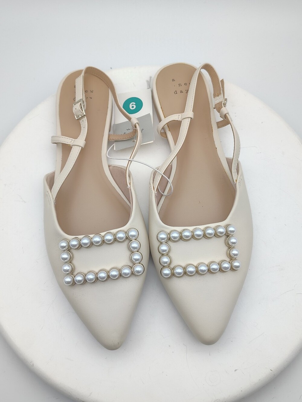 A New Day Pearl-Embellished Cream Pointed Slingback Flats Size 9